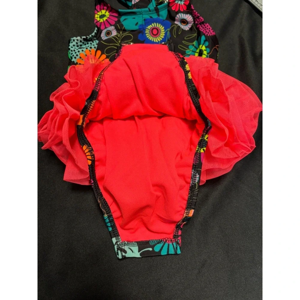Cat & Jack Baby Girls 18M Floral Tutu One Piece Swimsuit Black Neon Ruffle